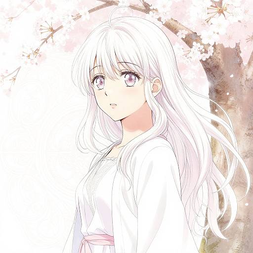Anime-style digital drawing of a young girl with long, flowing white hair and large purple eyes, wearing a white kimono, against a background of softly