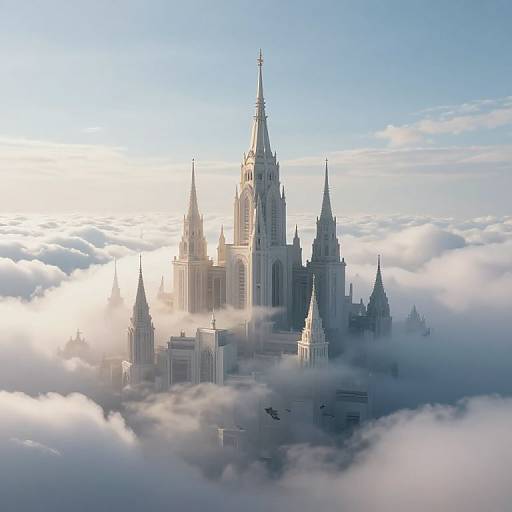 Photorealistic CGI of a towering, Gothic-style castle with multiple spires, partially obscured by fluffy white clouds, set against a bright blue sky.