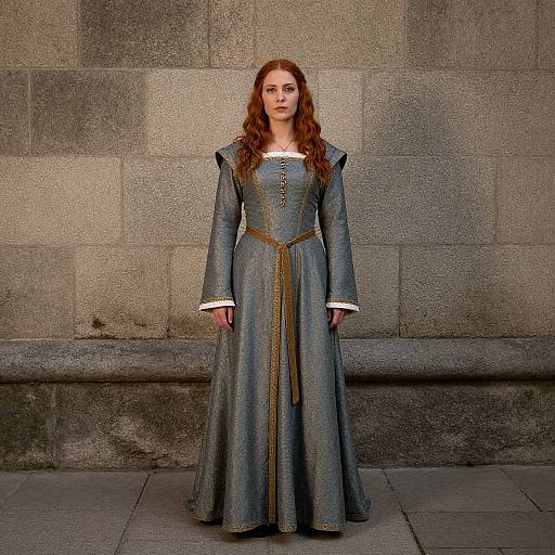 Photograph of a red-haired woman in a long, blue, medieval-style dress with gold trim, standing against a stone wall.