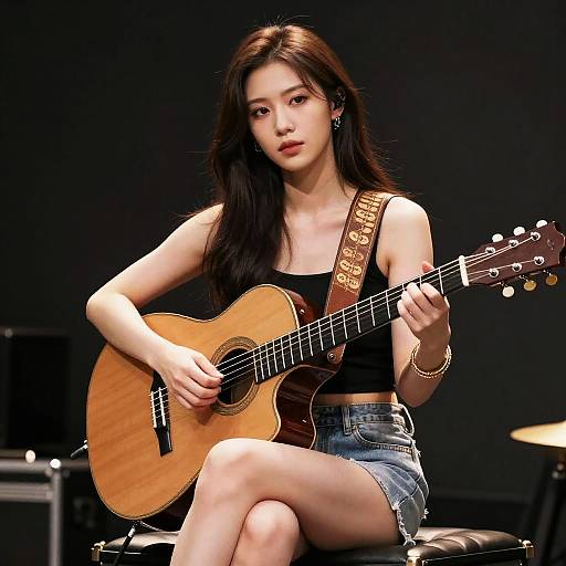 Photograph of a young Asian woman with long black hair, wearing a black tank top and denim shorts, playing an acoustic guitar on stage.