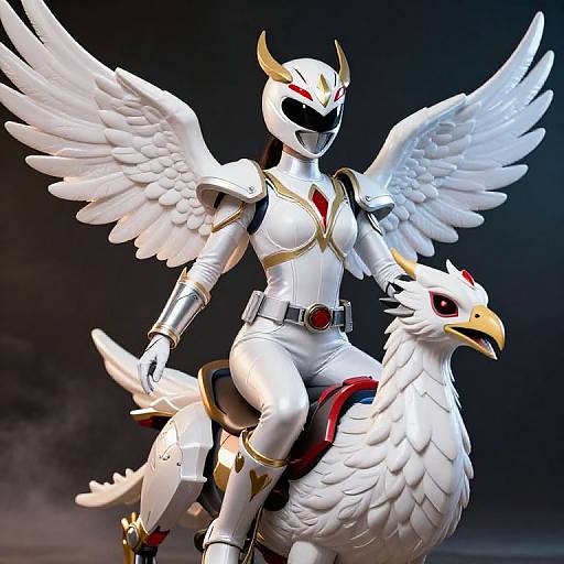 Digital art of a white-winged, armored superhero with a bird helmet riding a white, feathered griffin against a dark, cloudy background.