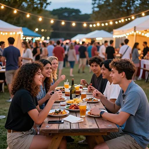 Photograph of six young people laughing around a wooden picnic table at a night outdoor festival, surrounded by string lights and white tents.