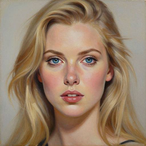 Digital portrait of a blonde woman with blue eyes, fair skin, and pink lips, featuring realistic, detailed facial features and soft lighting.