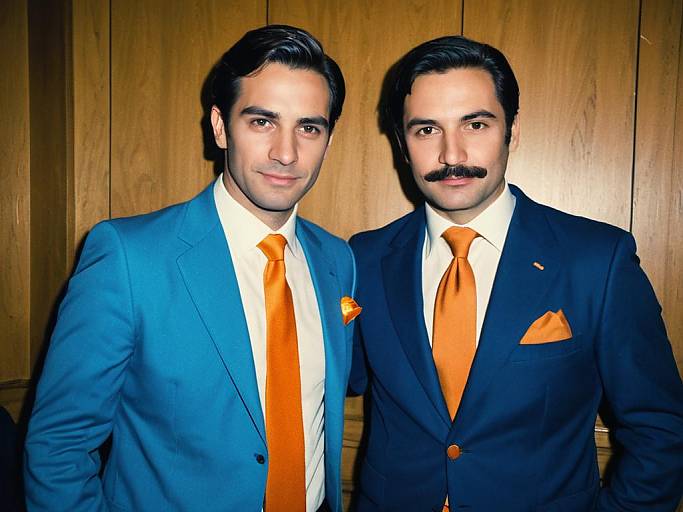 Photograph of two men in suits; one in blue, the other in black, both with orange ties and pocket squares, standing against wooden-paneled