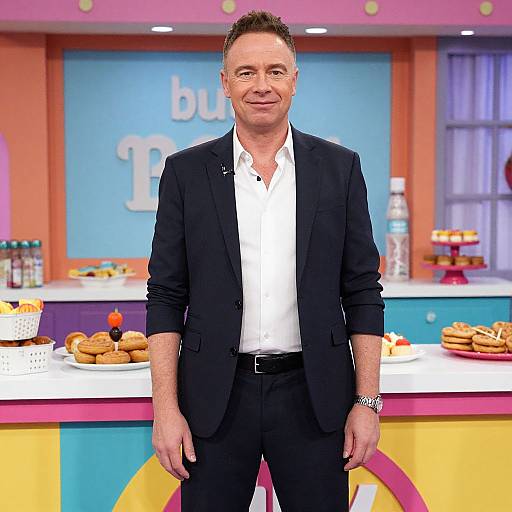 Photograph of a middle-aged man with short brown hair, wearing a black suit and white shirt, standing in front of a colorful bakery counter with past