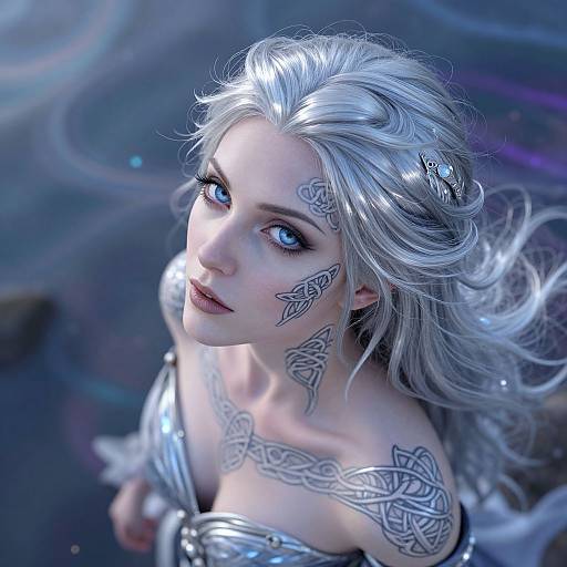 Digital artwork of a pale-skinned, silver-haired woman with blue eyes, intricate tribal tattoos, and a silver off-shoulder dress, gazing