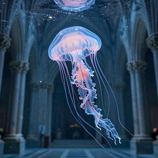 Photograph of a glowing blue jellyfish with translucent tentacles floating in an ornate, dimly-lit Gothic cathedral hallway.