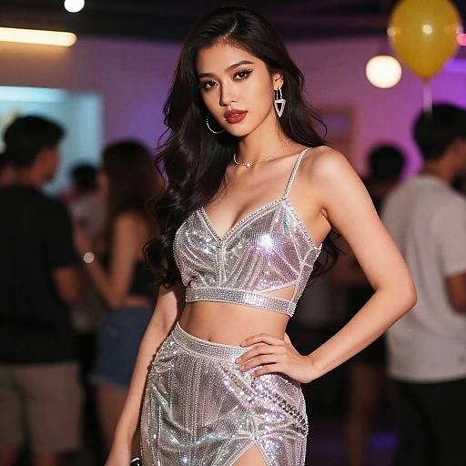 Photograph of an attractive Asian woman with long black hair, wearing a shimmering silver crop top and skirt, standing confidently in a dimly lit,