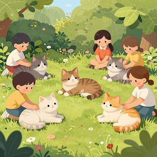 Illustration of five children with various cat breeds in a sunny, lush garden; children petting cats, surrounded by trees and flowers.