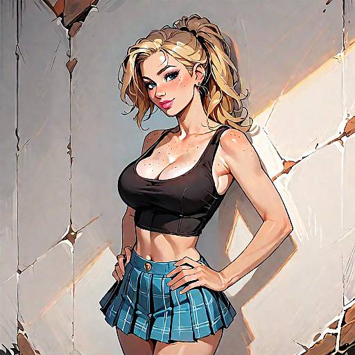 Blonde Woman in Plaid Skirt and Crop Top