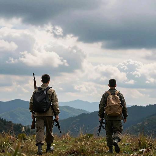 Two Boys Hiking Mountains with Rifles
