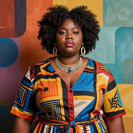 Photograph of a confident Black woman with natural afro, wearing a colorful geometric-patterned dress, gold necklace, and earrings, set against a vibrant