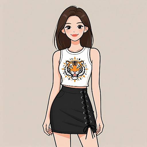 Smiling Woman in Casual Tiger Graphic Top and Black Mini Skirt