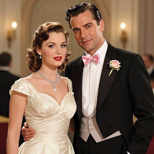 Photograph of a 1940s-style couple; she wears a white satin gown and necklace, he dons a black tuxedo with pink