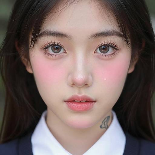 Close-up photograph of an Asian teenage girl with fair skin, long black hair, brown eyes, pink blush, white collared shirt, black jacket,