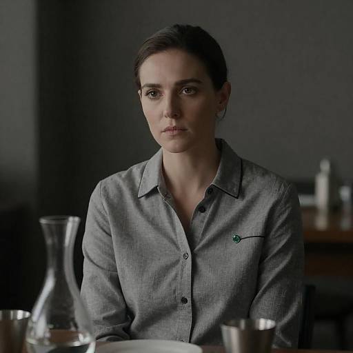 Serious Woman Sitting at Table with Glass Decanter