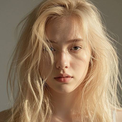 Photograph of a young, blonde woman with tousled hair, light skin, and intense gaze, illuminated by soft sunlight, against a neutral gray background