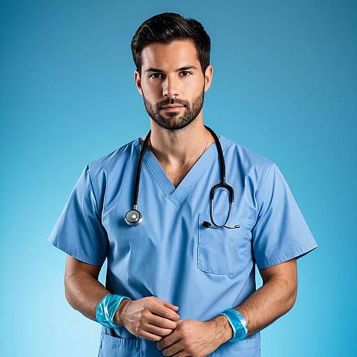 Male Doctor in Blue Scrubs with Stethoscope