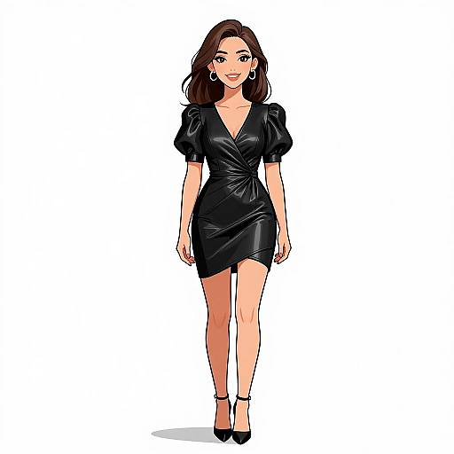 Digital illustration of a smiling woman with medium-length brown hair, wearing a black, short-sleeved, V-neck dress and black heels. White background