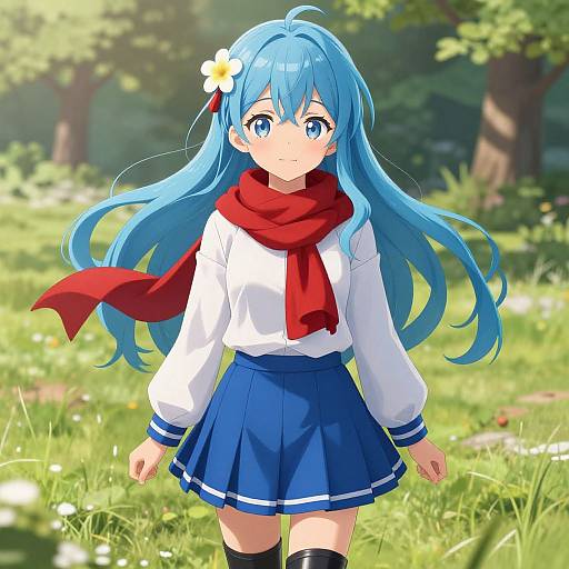 Anime Girl with Blue Hair and Red Scarf in Sunny Meadow