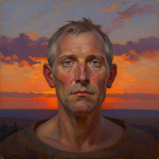 Digital painting of a middle-aged man with blue eyes, short gray hair, and a serious expression, set against a vibrant orange and purple sunset sky.