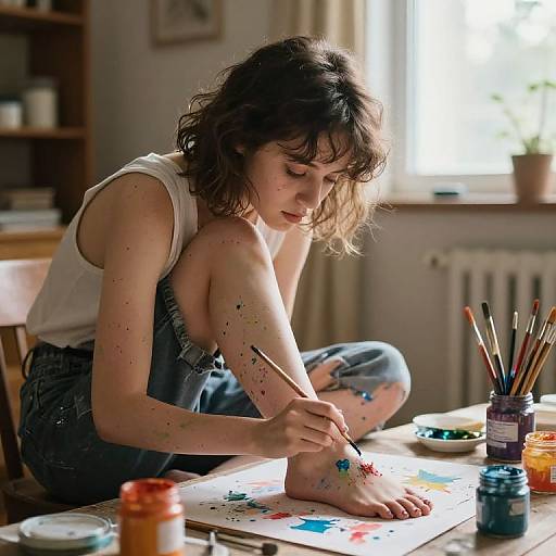 Young woman with wavy brown hair, wearing a white tank top and denim shorts, paints her foot with colorful markers in a sunlit room.