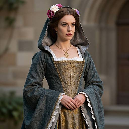 Photorealistic CGI of a fair-skinned woman with dark brown hair, wearing a medieval-style blue-grey gown, white lace-trimmed dress,