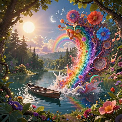 Hyperdetailed Lush Dreamscape with Rainbow Splashes