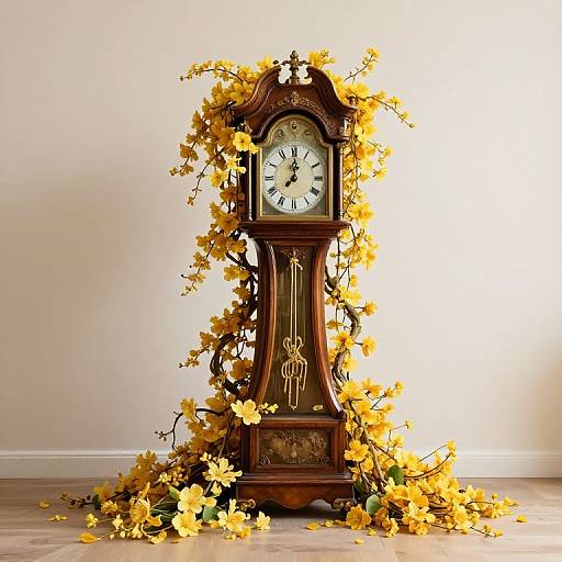 Photograph of an ornate, vintage wooden clock adorned with bright yellow flowering branches, standing on a light wooden floor against a plain white wall.
