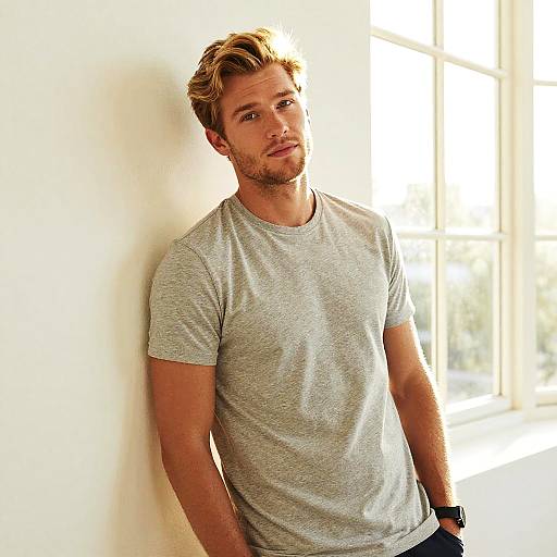 Photograph of a handsome, light-skinned, blonde man with a beard, wearing a light gray, fitted t-shirt, leaning against a sunlit