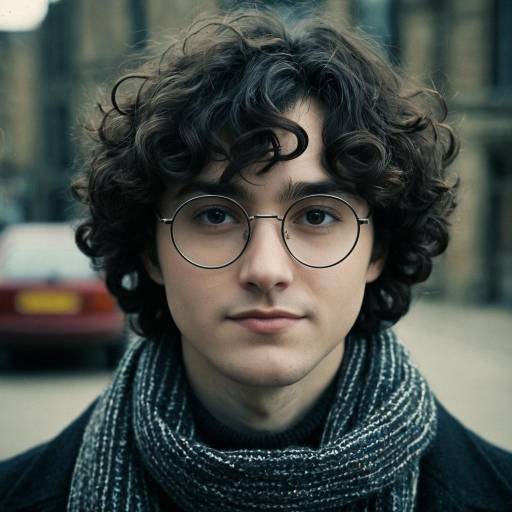 Young man with curly hair and round glasses