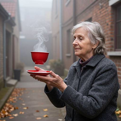 Photograph of elderly woman with gray hair, wearing dark coat, holding red steaming teacup and saucer, standing in misty brick alley