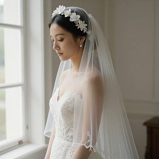 Photograph of an Asian bride with fair skin, wearing a white lace dress, floral headband, and long veil, softly illuminated by natural light from