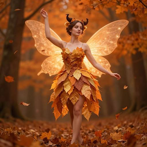 Photograph of a fairy-like woman with orange butterfly wings, horned headpiece, and leaf dress, dancing in an autumn forest.