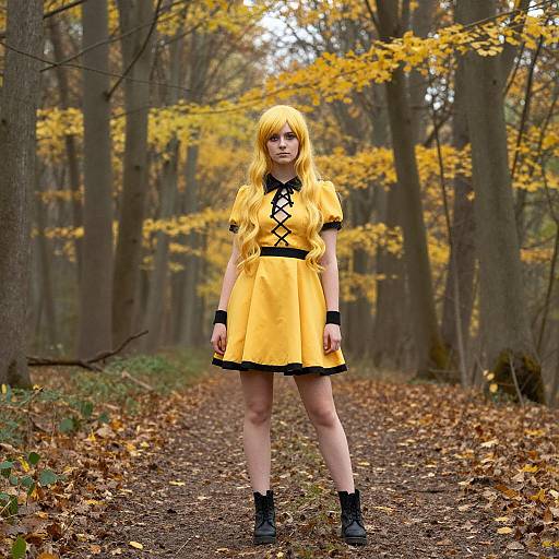 Young Woman in Yellow Dress Forest Cosplay