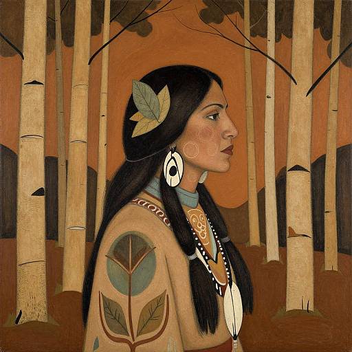 Artistic painting of Native American woman with long black hair, leaf in hair, tribal tattoos, white feather earrings, forest background.