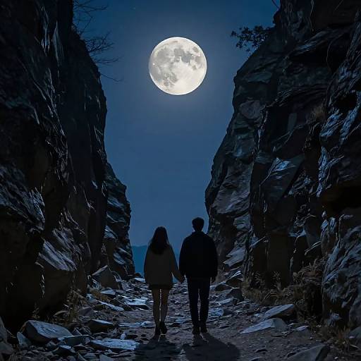 Silhouetted couple walks between dark rocky cliffs under a bright full moon in a midnight blue sky. Photograph.