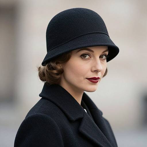 Photograph of a fair-skinned woman with short, wavy brown hair, wearing a dark blue cloche hat and matching coat, with bold red