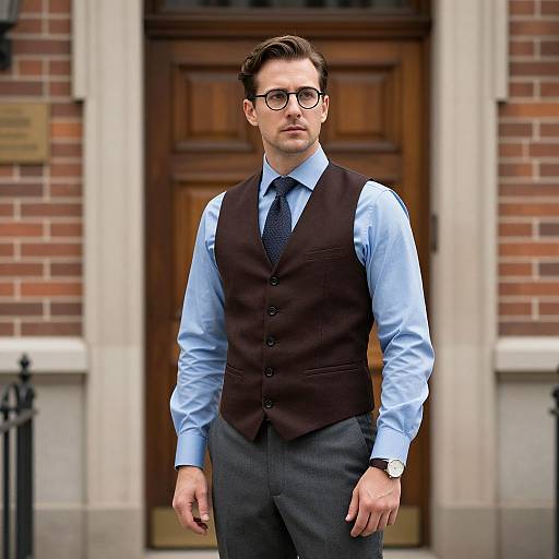 Photograph of a young, handsome man with short brown hair, glasses, and a light beard, wearing a blue shirt, dark vest, and tie