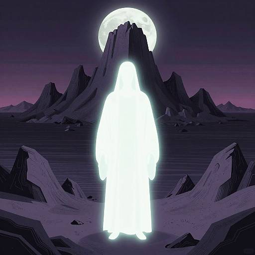 Digital art: Bright white, glowing figure stands in dark, mountainous desert under full moon, contrasting starkly with purple twilight sky.