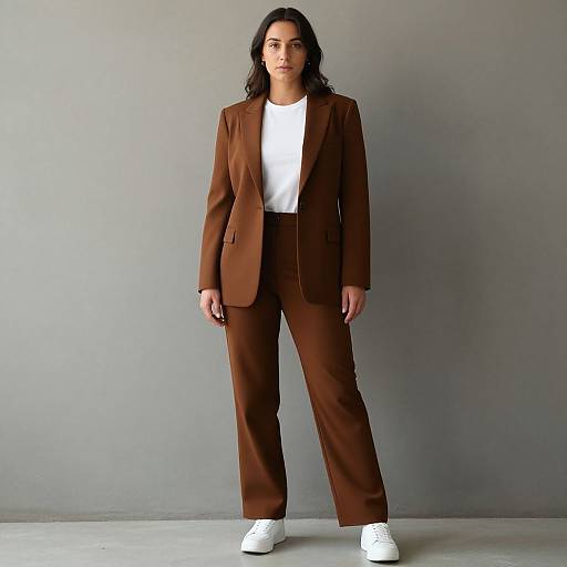 Photograph of a dark-haired woman in a brown tailored suit, white t-shirt, and white sneakers, standing against a plain gray background.