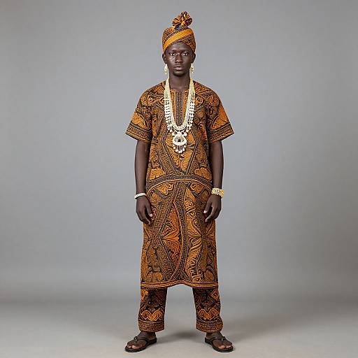 Photograph of a Black African man in an orange and black patterned traditional outfit, beaded necklace, headwrap, and wristwatch, standing against