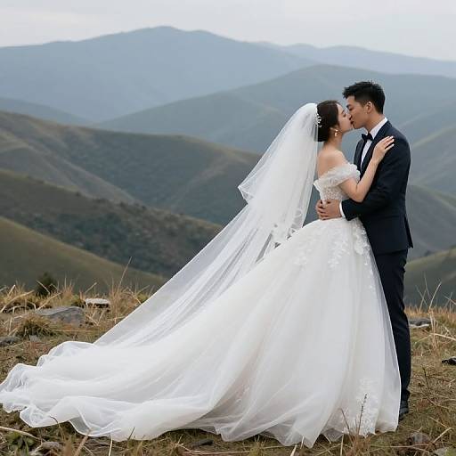 Photograph of a bride in a white, strapless, lace wedding gown and veil, kissing her groom in a black suit, standing on a grass