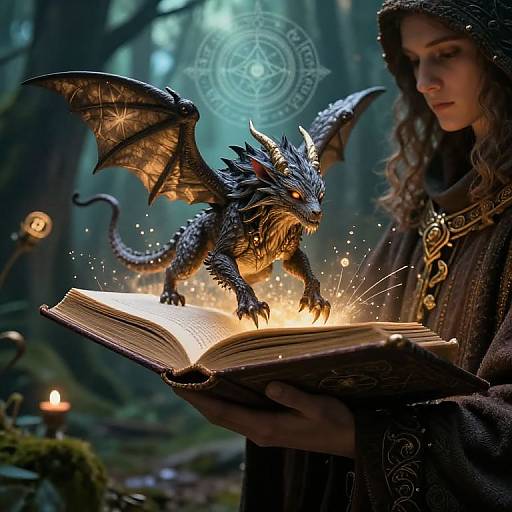 A fantasy digital artwork of a young woman with long hair, hooded cloak, holding an open book, with a glowing, blue-scaled dragon standing