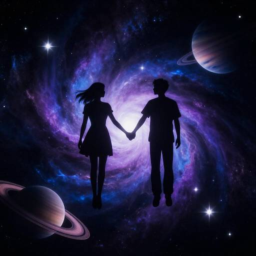 Two Silhouettes Holding Hands in Space