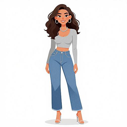 Digital illustration of a smiling woman with long brown hair, wearing a white crop top, high-waisted blue jeans, white heels, and hoop earrings