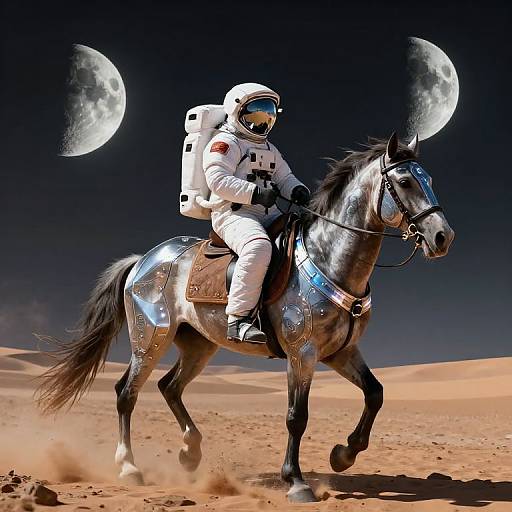 Photograph of an astronaut in white suit riding a metallic-coated horse, galloping in a desert under a night sky with two full moons.