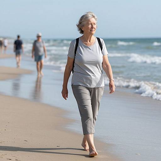 Photograph of an elderly white woman with short gray hair, wearing a white shirt, gray pants, and black backpack, walking barefoot on a sunny