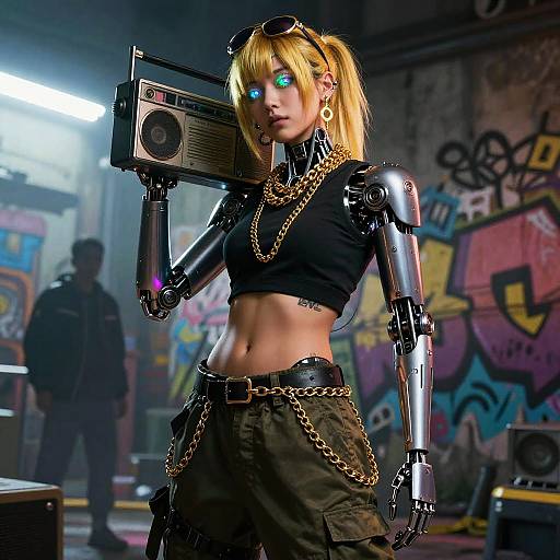 Cyberpunk photograph of a blonde, green-eyed, robotic woman with black crop top, green pants, chains, holding a boombox in graffiti-l