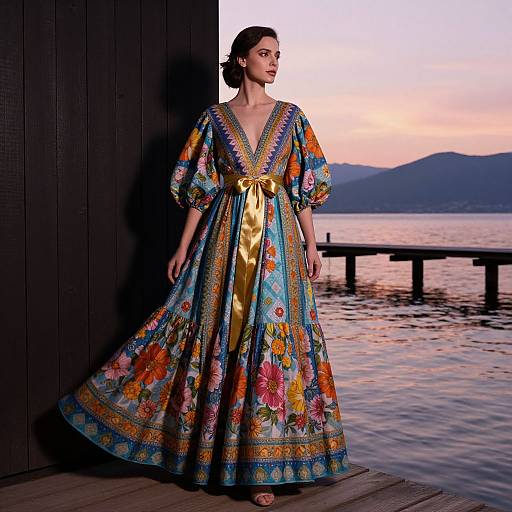 Photograph of a woman in a vibrant, floral-patterned, V-neck dress with gold sash, standing by a lake at sunset.